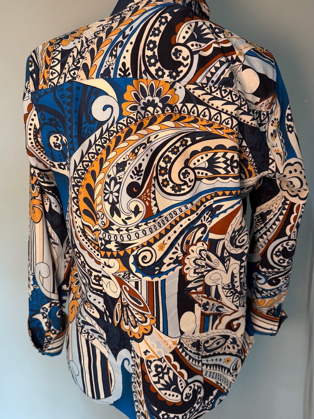 Chico's Blue Paisley Button-Down No Iron Shirt with Brown Accents - Picture 2 of 5